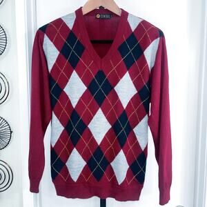 Consul Mens Argyle 80s 90s Vintage Style Sweater - Burgundy Navy Gray, Size XL